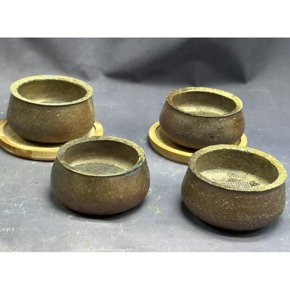 Asian Pottery Lot Of 4 Bonsai Succulent Small Planters Drain Hole
